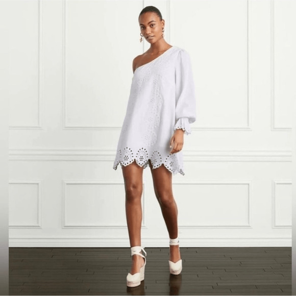 Hill House Mila Dress White Linen One Shoulder Eyelet Long Sleeve Sz M - Picture 2 of 11